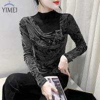 YIMEI เสื้อยืดคอสูงครึ่งตัวสำหรับผู้หญิง,เสื้อพรมกันลื่นพิมพ์ลายตาข่ายแขนยาวเสื้อตาข่ายสไตล์ย้อนยุค