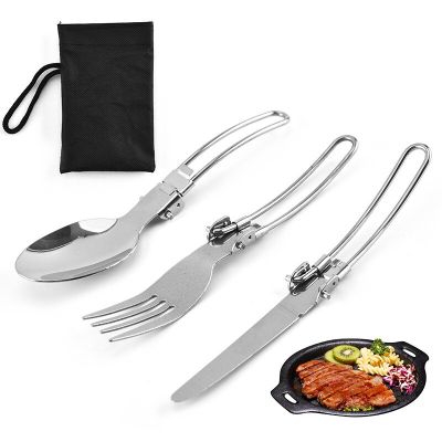3Pcs Stainless Steel Cutlery Set Portable Outdoor Camping Travel Picnic Foldable Spoon Fork Knife Tableware Flatware Sets