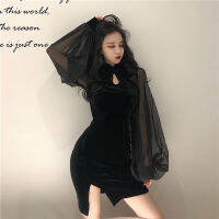 2020 new stand collar Lantern Sleeve Korean hip pack Chiffon stitched velvet cheongsam dress