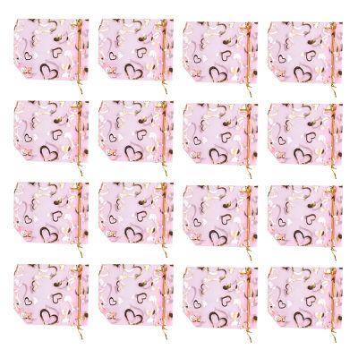 100 PCS 9X12cm Heart Printed Pink Organza Bags Jewelry Pouch Bags Organza Drawstring Pouches Wedding Favors Candy Gift Bags
