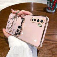 เคสสำหรับ OPPO A91/Reno3พร้อมขาตั้งกระจกแต่งหน้าแมวน่ารักกรอบสี่เหลี่ยมชุบ6D หรูหราทำจากซิลิโคนเนื้อนิ่มกรอบด้านหลังกันกระแทก