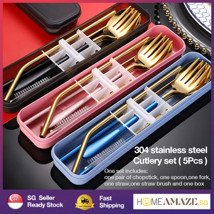 SG ready stock] 5Pcs Stainless Steel Cutlery set Portable Tableware  Chopsticks Spoon Fork Straw Box School Office lunch box | Lazada Singapore