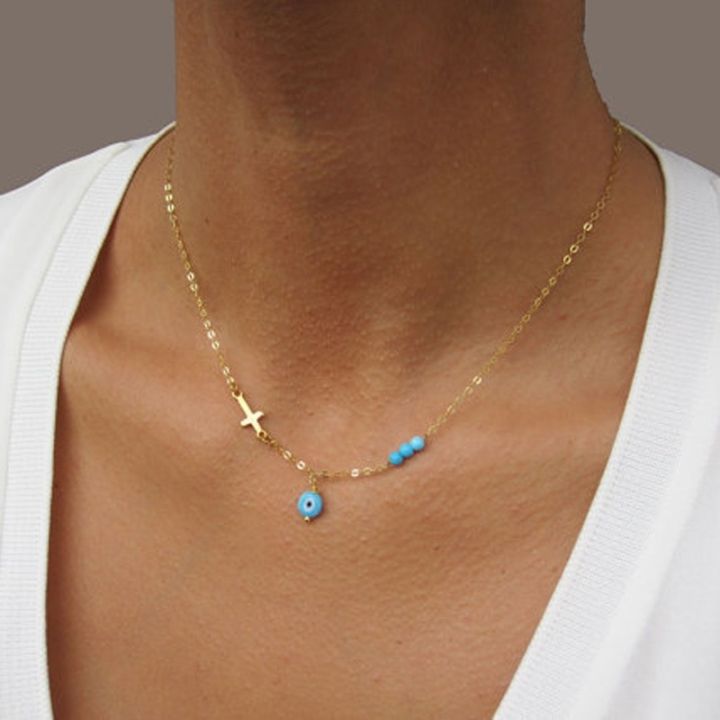 Evil Eye Cross Pendant Necklace TurquoiseBead Gold  Plated Choker Necklaces Greek Jewelry Birthday Christmas Gift For Her Adhesives Tape