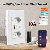 2023ytuc038 Tuya ปลั๊กเต้าเสียบ10A ติดผนัง USB WiFi/Zigbee บราซิลพร้อมพอร์ตควบคุมเสียงชนิด C สำหรับบ้าน Alexa