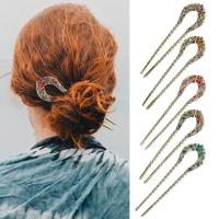 【YF】▥  Prong U Shaped Rhinestone Hairpin Metal Hair Fork Stick Chignon Styling