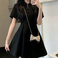 เสื้อผ้าแฟชั่นสำหรับสุภาพสตรี New black dress bigger sizes show thin improved cheongsam huai temperament little black dress new Chinese style