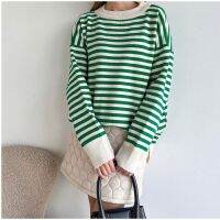 ✈™ Cinnie O Neck Striped Sweater Pullovers LooseSleeves Jumpers Female Drop Shoulder Kintting