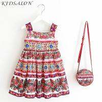 ZZOOI Girls Dress with Bag 2023 Brand Toddler Girl Summer Clothes Kids Costumes Floral Print Robe Princesse Fille Children Dress Kids