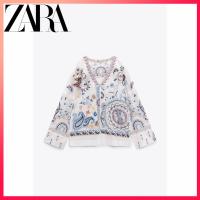 Zara เสื้อเบลาส์ แขนยาว คอวี ผ่าข้าง ปักลาย สีขาว แฟชั่นฤดูร้อน สําหรับผู้หญิง agg