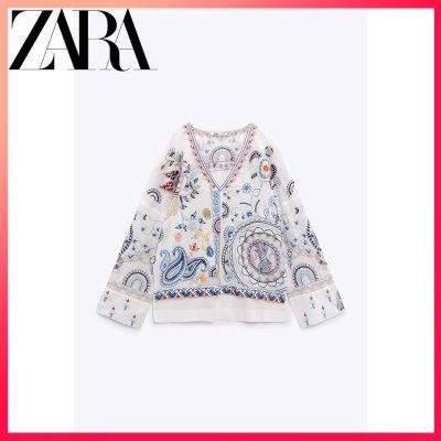 Zara เสื้อเบลาส์ แขนยาว คอวี ผ่าข้าง ปักลาย สีขาว แฟชั่นฤดูร้อน สําหรับผู้หญิง