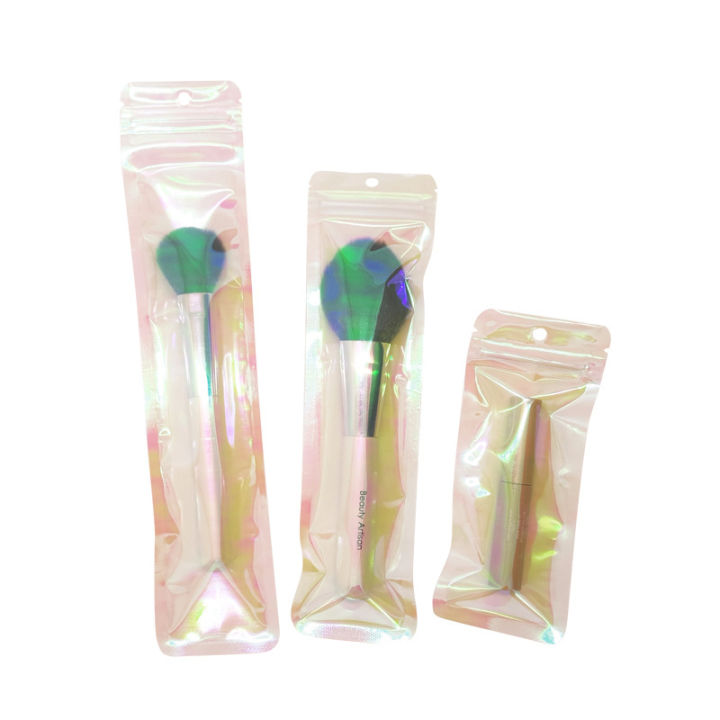 120pcs-ยาวรูปร่าง-holographic-ฟอยล์ปากกากระเป๋า-iridescent-สีชมพูใส-ziplock-ของขวัญ-hangbag-สำหรับเครื่องสำอางตัวอย่างขายปลีกพลาสติก-pouches