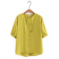 【มีไซส์ใหญ่】Plus Size Womens Solid Color Button Up Summer Blouses Short Sleeve A-line Floral Embroidery Female Tops Ladies Office-wear Top