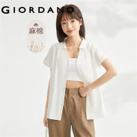 HOT ”GIORDANO ผู้หญิงเสื้อผ้าลินินผ้าฝ้าย V คอน้ำหนักเบาฤดูร้อนเสื้อปุ่มปิดแขนสั้นแฟชั่นเสื้อลำลอง05343461