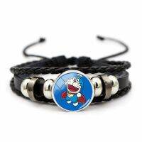 Bell Cat Cartoon Decorated Bracelet Adjustable Length Leather Braided Rope Bracelet Glass Round Cap Snap Button Cute Unisex Gift