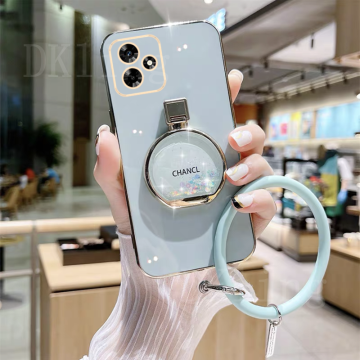 เคสมือจับสำหรับโทรศัพท์มือถือน้ำหอมแฟชั่นสำหรับ-realme-oppo-ฝาครอบหลังซิลิโคนกันกระแทกพร้อมสายรัดข้อมือปลอกอ่อนชุบ-c53-2023-realmec53