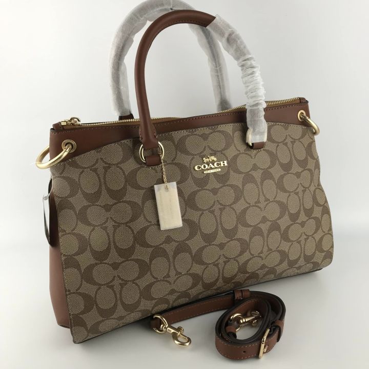 Coach F76643 Mia Satchel in Khaki Signature Coated Canvas Monogram with  Saddle Smooth Leather Trim - Women's Top Handle with Strap Bag