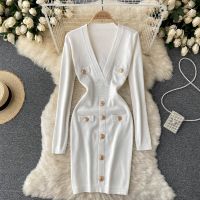 Croysier Outono Inverno แมนกาลองกา Escritório Elegante Vestido De Malha Botfeminino Embelezado Decote Em V Profundo เซ็กซี่มินิบอดี้คอน