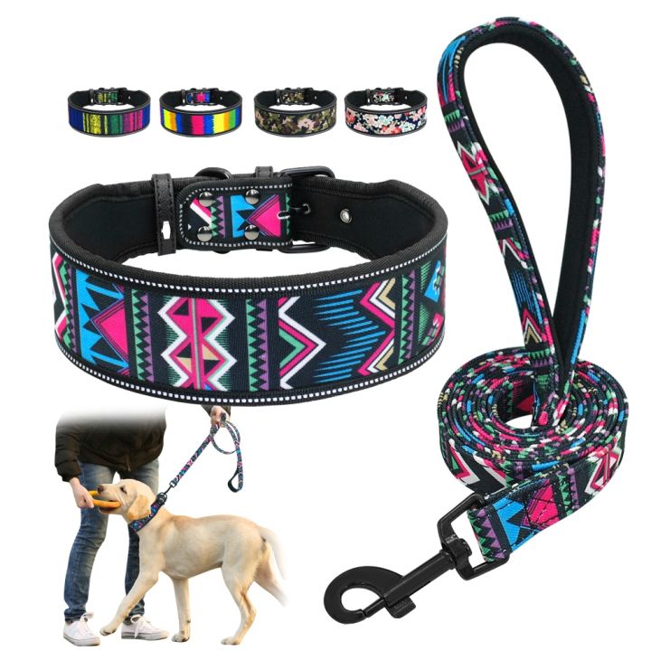 hot-soft-nylon-dog-collar-and-leash-set-reflective-padded-dog-collar-fashion-printed-adjustable-pet-collars-for-medium-large-dogs