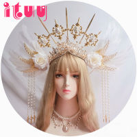 2021KC Crown Headwear White Angel Feather Wing Virgin Mary Bead Chain Baroque Wedding Tiara Gold Halo Lolita Gothic Hair Accessory