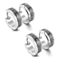 4X Stainless Steel Stud Plugs Hoop Earrings Ear Studs Black Silver Color Roman Numerals Classic Polished Men, Women