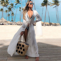 Robe De Plage Flare แขนชุดคลุมบิกินี่ Tunics ชุดว่ายน้ำกลวงสีขาว Pareo ชุดชายหาด Kaftan Saida De Praia Sarong