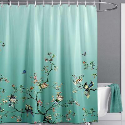 【CW】☞☞  Chinese Floral Birds British Shower Curtain with Hooks Mint Turquoise Curtains