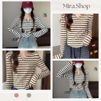 Mira_shop เสื้อแขนยาว ลายทาง ผ้าโปร่ง ใส่ไม่ร้อน มินิมอล 8k99#