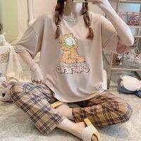 Foreign Trade 2022 New Korean Style Cartoon Pajamas Womens Short-Sleeved Trousers Young Lady Can Be Outerwear Homewear Set Wholesale