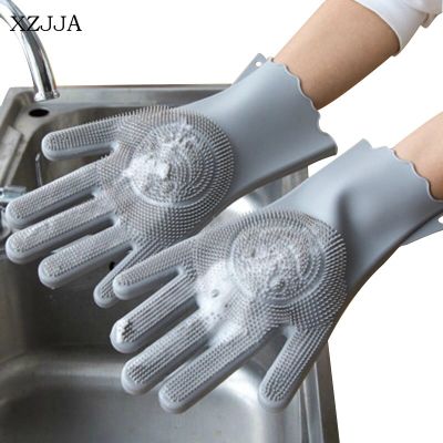 XZJJA 1pair Silicone Magic Cleaning Gloves Kitchen Dish Washing Gloves Household Waterproof Scrub Gloves Kitchen Cleaning Tools Safety Gloves