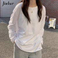 Jielur Basic Long Sleeve Womens T-shirts Cotton O-neck Patches Split Pure Color White T-shirt Simple Casual Loose Top BF Female