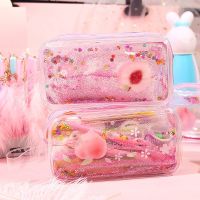 ♤☬㍿ Cute Fruit Peach Transparent Toiletry Cosmetic Bag Women Travel Portable Makeup Bags Pink Pencil Case Stationery Wash Organizer