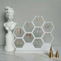 Natural Wood White Honeycomb Jewelry Earring Display Stand Up to Hold 9 Earrings