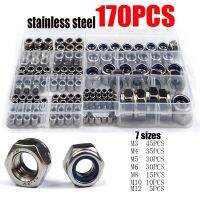 170PCS 304 Stainless Steel Hexagon Nylon Insert Lock Nut Assortment Kit Hex Self Locking Nylock Locknut Set M3/M4/M6/M8/M10/M12 Nails Screws Fasteners