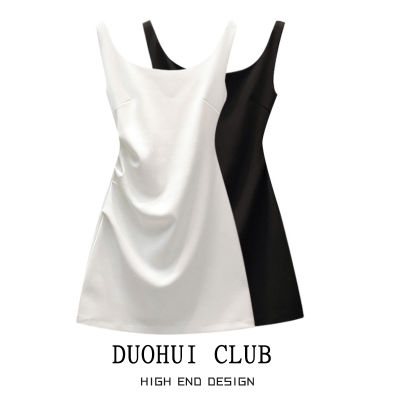 DUOHUI บางสีบริสุทธิ์สั้นสำหรับผู้หญิงชุดเดรสคอสี่เหลี่ยมสีขาวเรียบง่ายแฟชั่น