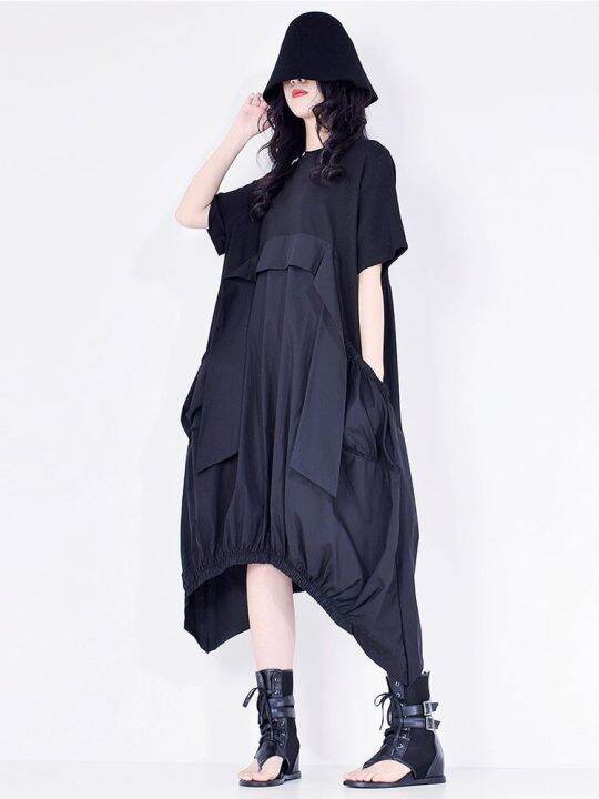 xitao-dress-irregular-patchwork-casual-tassels-dress-short-sleeve-draped-loose-t-shirt-dress