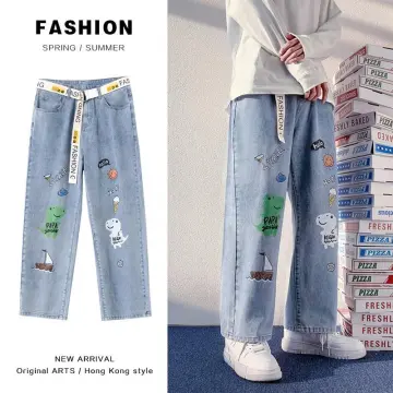 110-160cm Spring Kids Denim Loose Jeans Pants For Girls Crimped