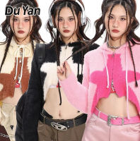 Du YAN เสื้อครอปสเวตเตอร์ซิปสีชมพูแขนยาวใหม่สำหรับฤดูใบไม้ผลิแจ็คเก็ตเสื้อคลุมหน้าอกรูปดาว