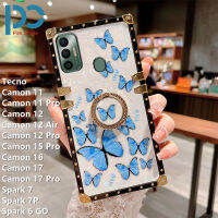 ใหม่แฟชั่นเคสโทรศัพท์หรูหราสำหรับ Tecno Camon 11 11 Pro 12 12 Air 12 Pro 15 Pro 16 17 17 Pro Spark 7 Spark 7 P Spark 6 GO Shell รูปแบบผีเสื้อพิมพ์เคสโทรศัพท์หรูหราสแควร์กันกระแทกโทรศัพท์เคสพร้อมขาตั้งแหวน