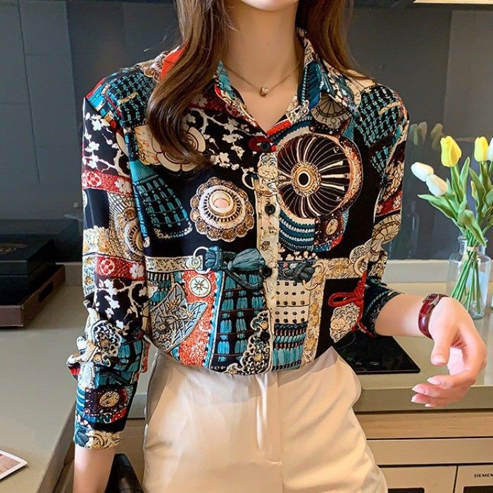 ฤดูใบไม้ผลิ-2023-สไตล์วินเทจแห่งชาติร้อยออกแบบความรู้สึกพิมพ์ชีฟองเสื้อแขนยาวผู้หญิงเสื้อฤดูใบไม้ร่วง