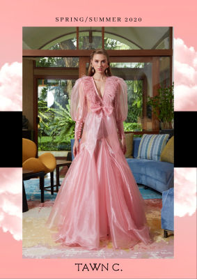 TAWN C. - Pink Organdie Elena Gown ชุดราตรีผ้าแก้วซีทรูแต่งขนนกกระจอกเทศ