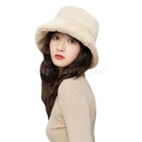 Women Girls Winter Thickened Fluffy Plush Cap Plain Solid Color Wide Brim Sun Protection Packable Outdoor Fisherman Hat