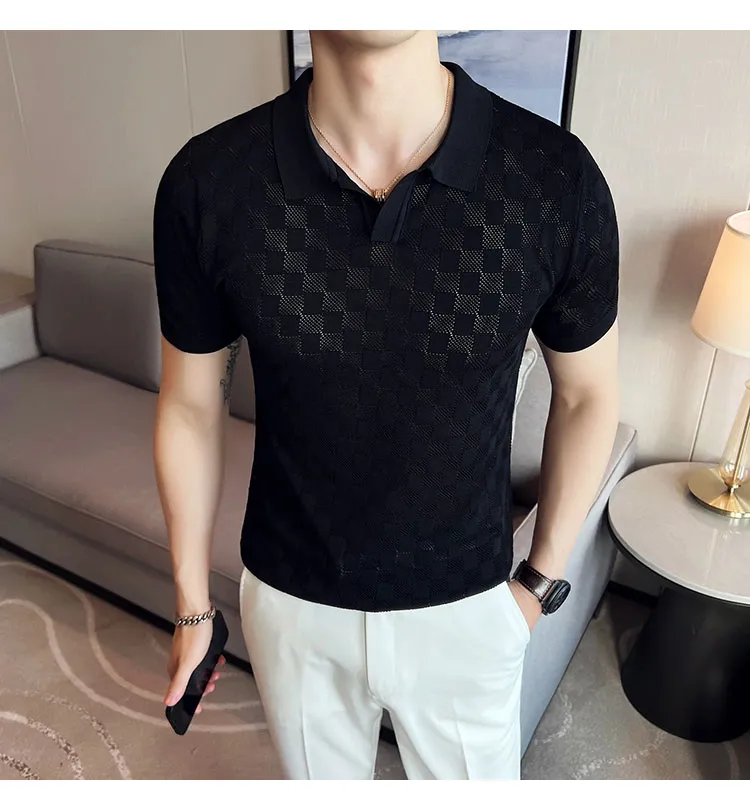 Men Transparent Mesh Knitted Polo Shirt 2022 Summer Short Sleeve V-Neck  Hollow Tee Tops Male Casual Plaid Elastic Polo Shirts