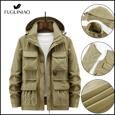 FUGUINIAO ผู้ชายที่ถอดออกได้อย่างไม่เป็นทางการแจ็คเก็ตคลุมด้วยผ้า Windproof เสื้ออบอุ่นกับกระเป๋าแจ็คเก็ตฤดูหนาวที่มีคุณภาพสูง