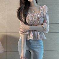 COD dhdfxcz Summer 2021 floral chiffon blouse with flounces at waist to slim short sleeves