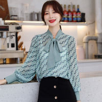 Elegant Plaid Printed Bow Chiffon Shirts 2022 Spring New Fashion Office Lady Loose Pullovers V-Neck Lantern Sleeve Woman Blouses