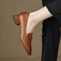 HOT★ผู้หญิง Oxford รองเท้ารองเท้าสแควร์ Toe รองเท้าสำหรับรองเท้าผู้หญิงปั๊มจีบบนกลางรองเท้าส้นสูงสุภาพสตรีรองเท้า Grain Chunky รองเท้าส้นสูง9951N