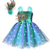 Led Light Peacock Costume For Girls Sequins Flower Feathers Tutu Dress For Kids Halloween New Year Outfit Birthday Party Clothes