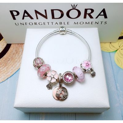 สร้อยข้อมือ Pandora_สร้อยข้อมือแฟชั่นน่ารัก สร้อยข้อมือแฟชั่นสีชมพูสีขาวนวนิยาย สุภาพสตรีโนเบิล 925 สร้อยข้อมือเงิน สร้อยข้อมือ Charm Box ของขวัญวันเกิด สร้อยข้อมืองูกระดูก