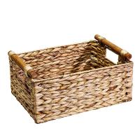 Wicker Basket Rectangular with Wooden Handles for Shelves,Water Hyacinth Basket Storage,Natural Baskets