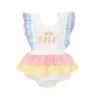 FOCUSNORM 0-18M Newborn Baby Girls One Birthday Bodysuits Ruffles Short Sleeve Rainbow Print Jumpsuits